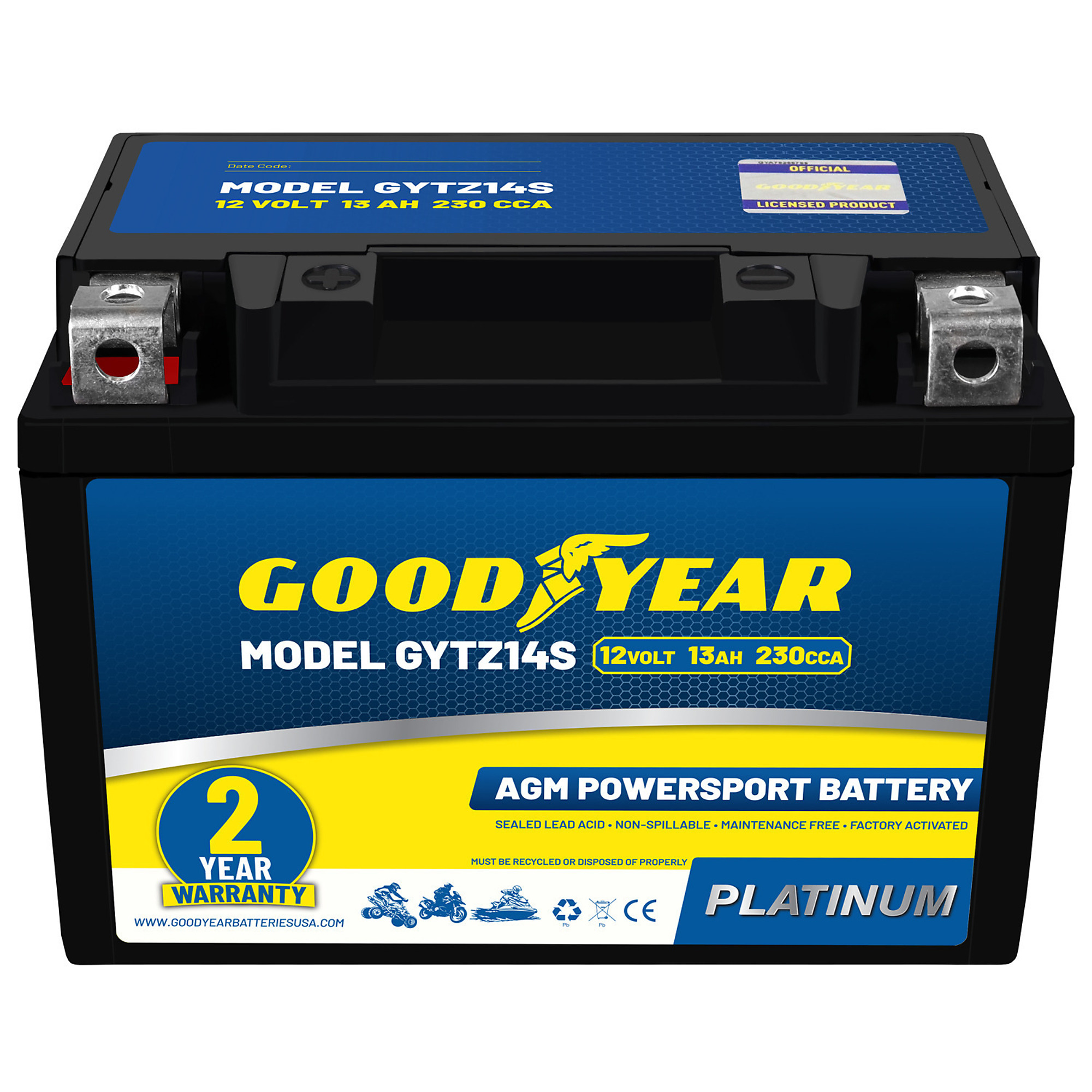 Goodyear Rechargeable High-Performance AGM Battery — 12V, 13Ah, 230 CCA, Maintenance-Free, Model# GY4140771